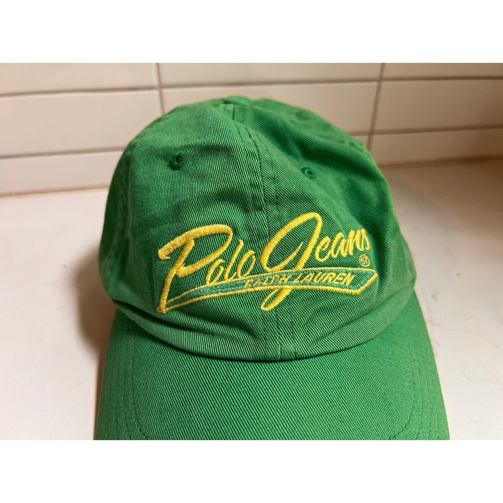 Polo Jeans Co Ralph Lauren Green Snapback Hat Yellow Script Logo 1967 Vintage - Picture 2 of 6